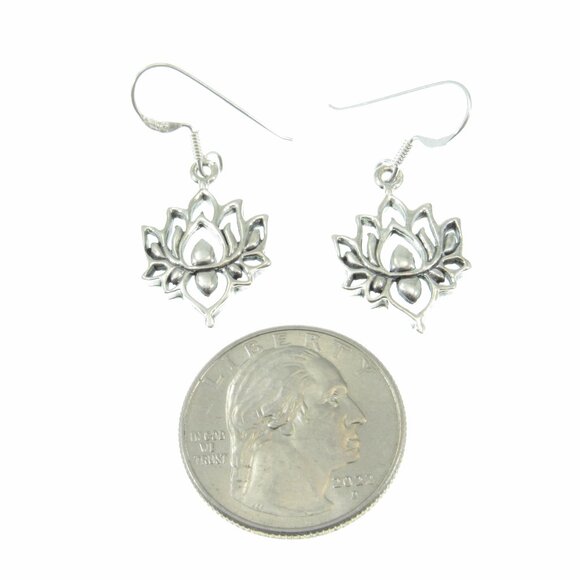 Solid 925 Sterling Silver Lotus Flower Egyptian Bean Drop Dangle Hook Earrings - Picture 5 of 9